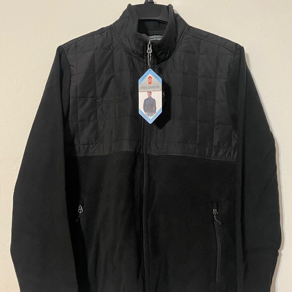 New Free Country Men Overlay Fleece Jacket, Zipper Pockets, Jet Black L, XL, XXL